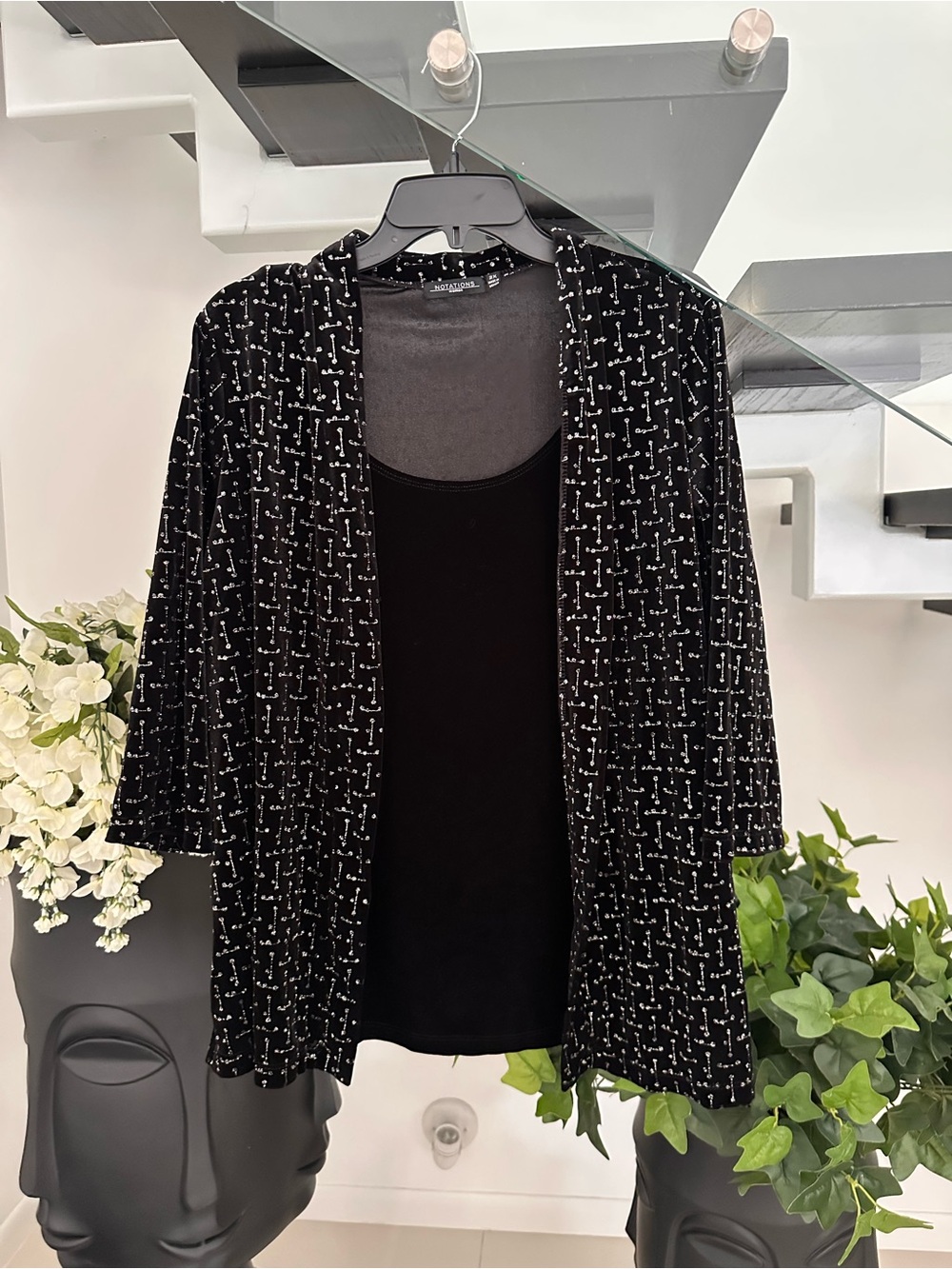 Notations Black Open-Front Jacket with White Linear Dot Pattern
